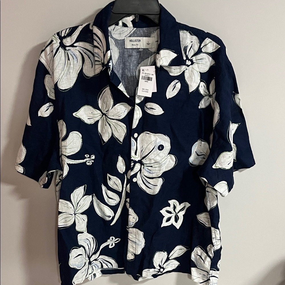 Hollister Dark Blue Floral Men's Linen Shirt
